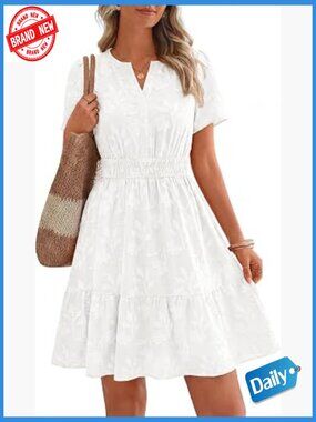 Mini Dress with Pockets Floral Short Sleeve V Neck Elastic Waist Cute Sundress